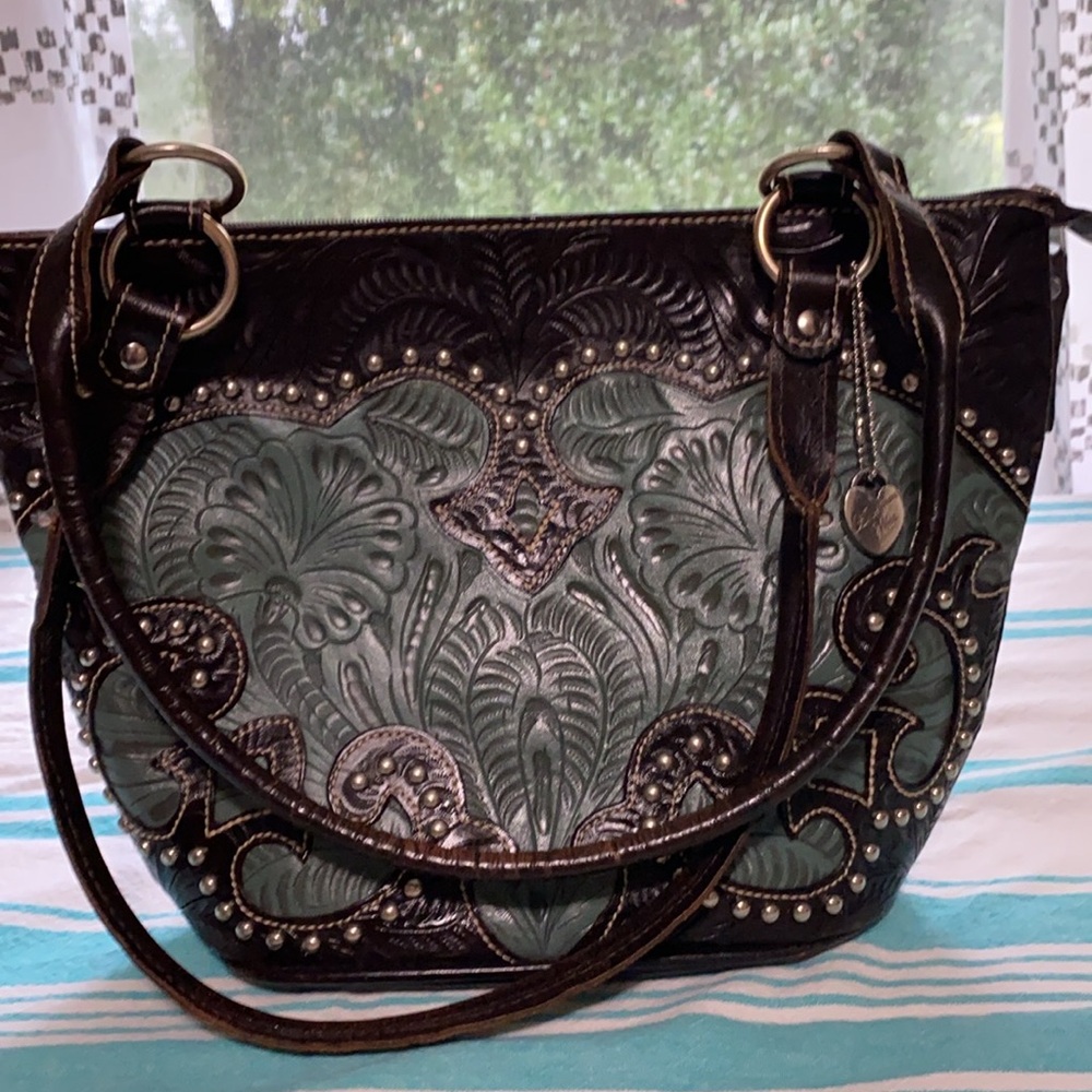 Black and Green Embossed Shoulder Bag with Floral Design